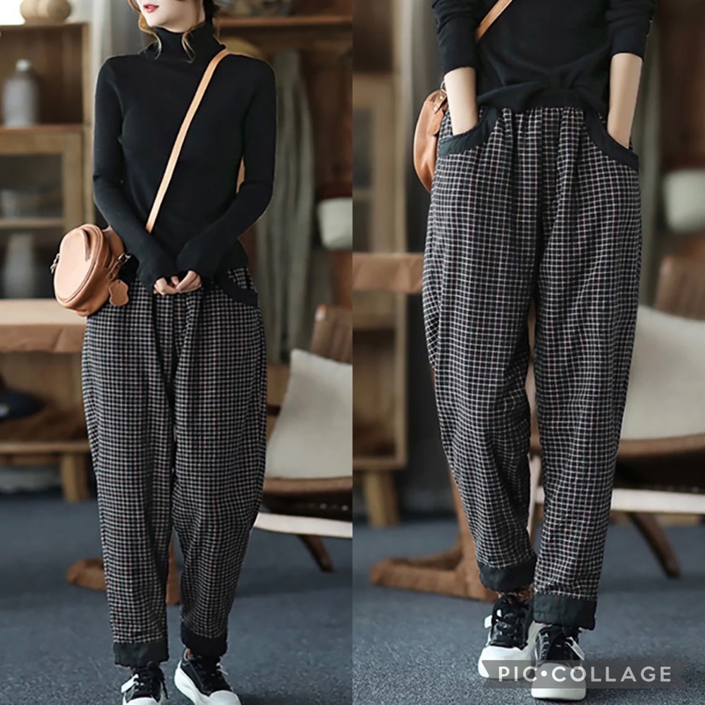 BUYKUD Cotton Linen Plaid Pull On Elastic Waist Thick Pants Size L
